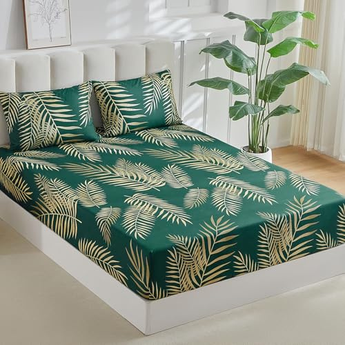 Tokokimo Spannbetttuch 160x200 cm, 35 cm große Taschen, mit 2 Kissenbezügen 50x80 - Weicher Mikrofaser-Bettbezug mit Tropenblatt-Motiv, Dunkelgrün