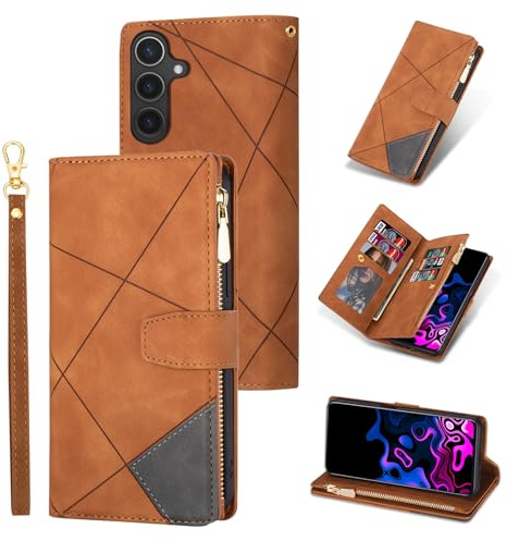 UEEBAI Coque pour Samsung Galaxy S25 FE 5G, Etui en Cuir PU Portefeuille Rétro Antichoc Flip Case Antichoc Housse avec Fentes de Cartes Fonction Support, Fermeture Magnétique, Diamant Brun