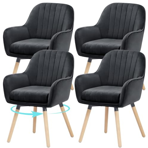 ELUCHANG Esszimmerstühle 4er Set, 360° Drehbar, 12cm Dicke Polsterung Stuhl mit Hohen Armlehnen, Schwarz Samt, bis 150 kg Belastbar, für Schlafzimmer Küche Wohnzimmer