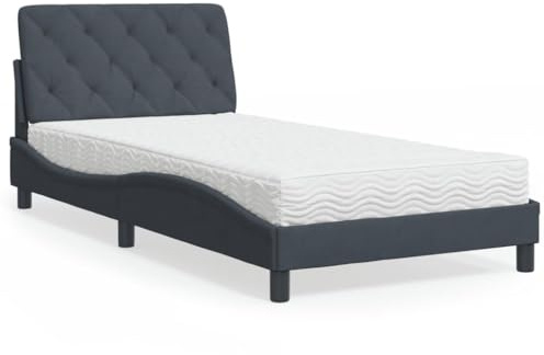 Yunovire Mörkgrå sammetssäng med madrass, 100 x 200 cm, vågformsdesign, komfortskum, H2/H3 vändmadrass, modern sovrumsmöbler