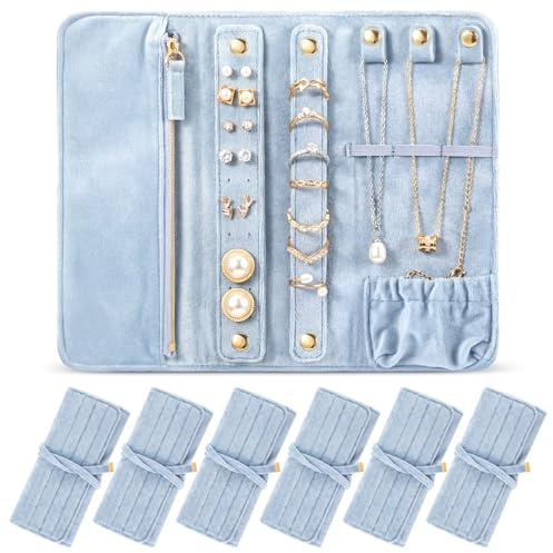Tondiamo 6 Pcs Velvet Travel Jewelry Roll Bulk Personalized Bridesmaid Gifts Women Jewelry Case Storage Organizer Wedding Favor (Light Blue)
