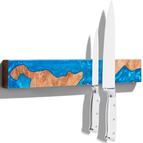 ENOKING Barre Magnétique à Couteaux 40cm en Bois d'Acacia et Résine Bleue, Support Mural Aimanté pour Couteaux, Porte Couteaux Cuisine, Range Couteaux Magnétique Puissant