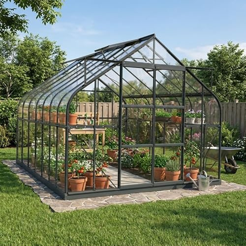 Green Protect Serre de Jardin 13m² Comtesse | Aluminium Anthracite et Verre Trempé 4mm | Embase Acier Galvanisé Incluse | 4 Lucarnes Ventilation | Double Porte Coulissante