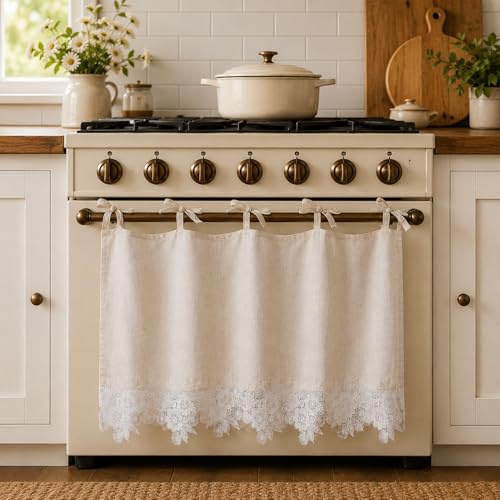 HonorHut Floral Lace Oven Skirts Vintage Tie Back Panel Curtain | Decorative Short Kitchen Curtain Hide Clutter Farmhouse Style Kitchen Decor