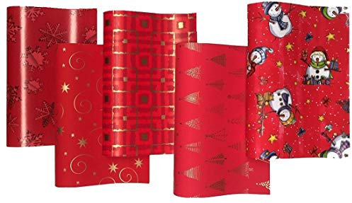 HRB Geschenkpapier Weihnachten - 5 Rollen à 2,00 x 0,70m, Verschiedene Motive - Weihnachtspapier jede Rolle foliert, Weihnachtsgeschenkpapier Ideal für Festliche Anlässe (Rot)