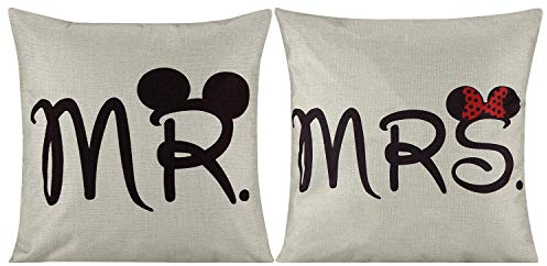 Tina 2 Pcs Mr and Mrs Funny Mouse Cushion Cover Durable Cotton Linen Throw Pillow Case Wedding Valentine Gift MR and MRS Present 18X18 45x45cm