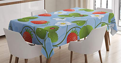 ABAKUHAUS Blumen Tischdecke, Strawberry Daisy Retro, Inn und Outdoor Bereich geeignet Waschbar Druck Klare Farben Kein Verblassen, 140 x 200 cm, Blau Grün