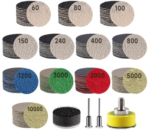 185 PCS 1 Inch Wet Dry Sanding Discs 60-10000 Grit Hook and Loop Sandpaper | Rotary Tool Accessories with 1/8 1/4 Shank, Backing Pad, Foam Sanding Pads for Auto Metal Glass Resin Wood Jewelry