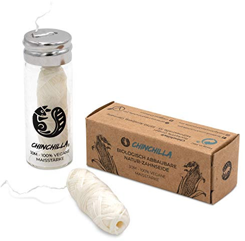 Chinchilla Vegan Filo Interdentale Compostabile - Alternativa Senza Plastica Ed Ecologica Per La Cura Dentale – 30m Di Filo Interdentale Naturale Al Sapore Di In Confezione Ricaricabile, White, Menta
