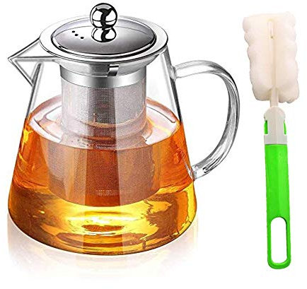 950ML Théière en Verre avec Infuseur, Avec Brosse à tasse,Avec Infuseur Amovible,Poignée anti-brûlure,Matériau borosilicate, Transparent,Rond,Convient pour chauffer sur la cuisinière
