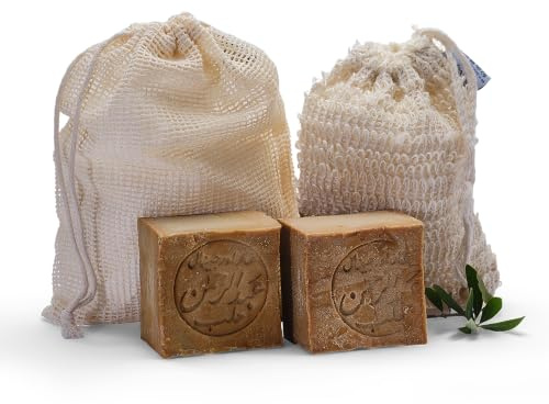 PAOS Original Aleppo Seife Set, 90% Olivenöl 10% Lorbeeröl, 2x ca. 180g inkl. Sisal Seifensäckchen + gratis Reisebeutel, Handmade, Vegan, Naturprodukt, Haarseife, Duschseife, Original Rezeptur
