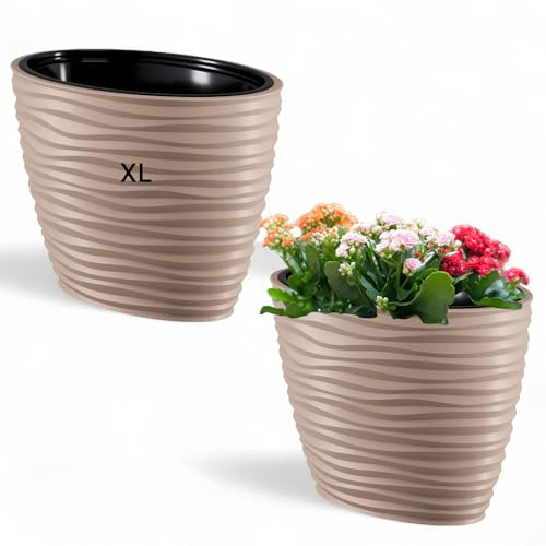 MELTOM Pflanzkübel Oval mit Herausnehmbaren Einsatz Slim 3D Effekt Blumentopf (Taupe, XL)