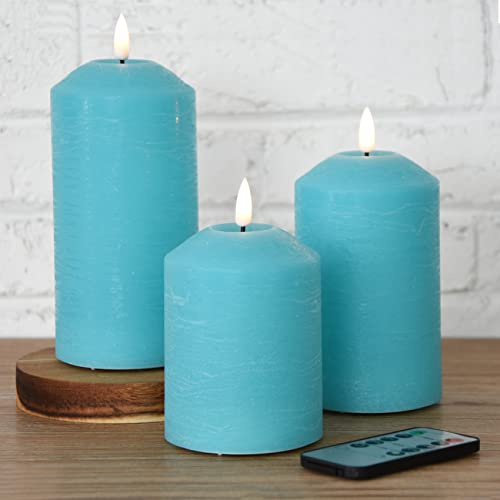 Eywamage Turquoise Blue Flameless Pillar Candles with Remote Set of 3