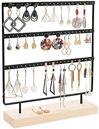 iYInJuan Schmuckständer Ohrringhalter Ohrring Ständer, 3 Tier Metal Organizer mit Stabil Holz Base, Ohrstecker Ohrschmuck-Display Schmuckaufbewahrung, Leicht Nimmt Keinen Platz Ein, Schwarz