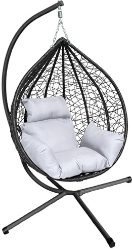 Rattan Swing Egg Chair Hanging Garden Hammock with Cushions & Stand Outdoor Indoor Furniture (Black Egg Chair & White Cushion)