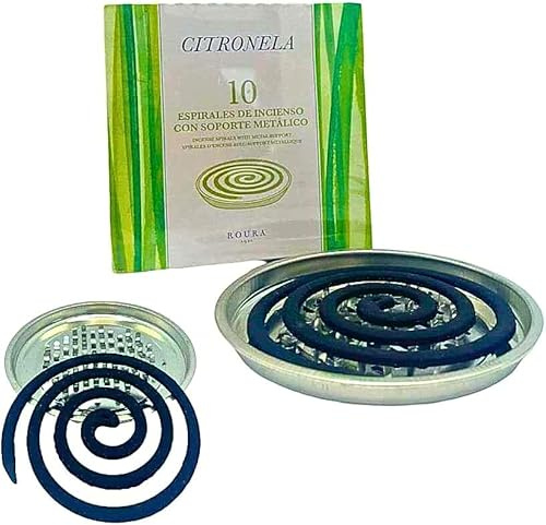 CERAS ROURA Incienso Citronela Antimosquitos, Espiral Antimosquitos Auyenta Mosquitos e Insectos Ideal para Interior y Exterior Jardin y Camping (10 Unidades) Mas Soporte Metálico
