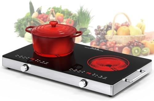 VBGK Placa de Vitrocerámica 2 Fuegos con Mango, 3520W Doble Placa de Cocción Cerámica con Mando de Control y Control Táctil, Calor Infrarrojo,Temporizador, Control Táctil, Cerradura Infantil