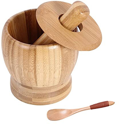 Mörser mit Stößel aus Bambus, Hibucuo Kräutermörser, handgefertigt mit Naturrand, Küchenmörser 11 cm