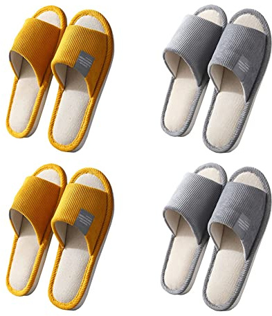 Teceyfeet Unisex Hotelslipper Set, 4 Paar Waschbar Badepantoletten Gästehausschuhe Rutschfeste Hausschuhe offener Zeh Pantoffeln aus Baumwolle und Leinen