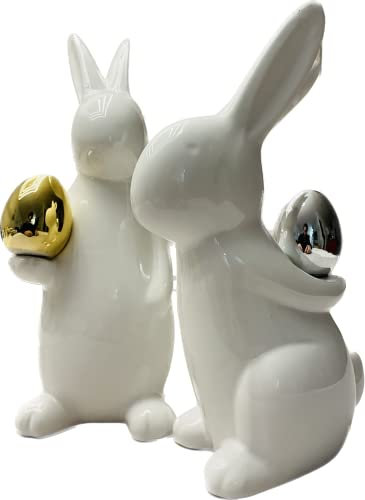 khevga Oster-Deko – 2er Set Deko-Hasen aus weißem Porzellan mit Ei in Gold und Silber, Elegante Osterdekoration für Tisch, Fensterbank oder Geschenkidee