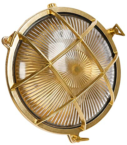 Sunluck Brass Bulkhead Light,Grid Round Nautical Wall Light,Lampshade,Ceiling Mount Lighting,Brass Sauna Light Waterproof IP65,Rust Resistant,for Wet Location Bath,Seaside,Ship,Basement,Garage