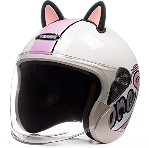 Mädchen-Frauen-niedlicher Motorrad-Halbhelm mit Katzenohr-Persönlichkeit 3/4 Erwachsener Mann-offener Motorradhelm für Cruiser-Chopper-Moped-ATV-Jet-Straße DOT/ECE-geprüft,K,One Size