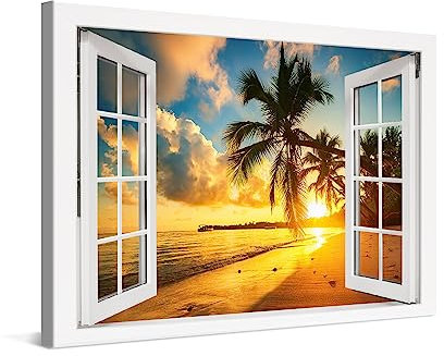 PICANOVA – Photo sur Toile 60x40cm Océan Plage Coucher de Soleil Fenêtre – Impression sur Toile Haut de Gamme – Image sur Toile pour Décoration Murale Moderne