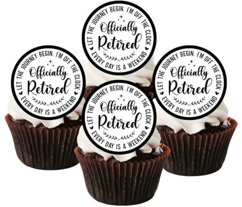 Officially Retired Edible Cupcake Toppers – Retirement Celebration Wafer Cake Decorations for Farewell Parties – 4cm/1.5 Inch PRECUT (Pack of 24)