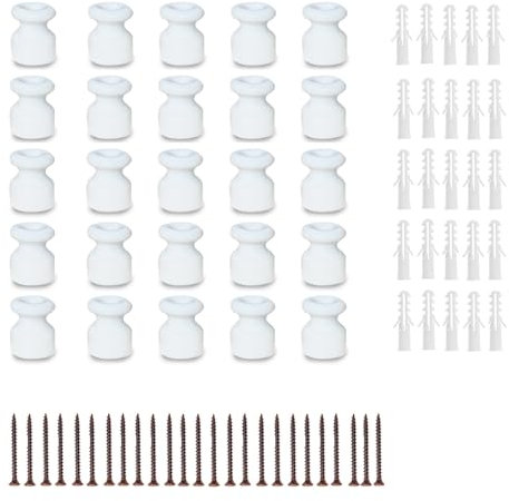 Isolatori in Porcellana Bianco Ø18mm per Impianti Elettrici a Vista – Completi di Viti e Tasselli – Fissaggio a Parete o Soffitto per Cavi Trecciati (25, Bianco)