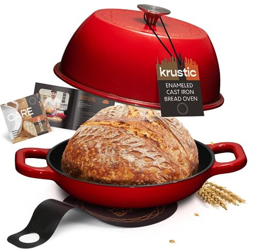 Krustic Horno holandés de hierro fundido esmaltado para hornear pan de masa madre | Olla de 6 cuartos de galón con tapa | Juego de utensilios de cocina de revestimiento grueso de esmalte de cerámica