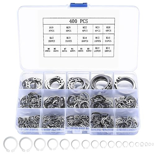 E-Clip Sicherungsringe Set, 400 Stk Sicherungsscheiben E-clip Set, Edelstahl Sicherungsring Sortiment Kit, 18 Größe Interner Externer Sprengringe für Wellen Befestigen von Lagern