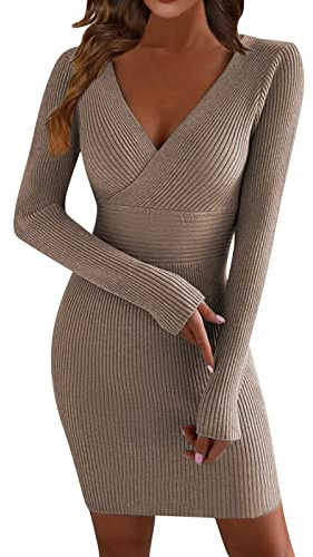 KBOPLEMQ Robe en tricot sexy pour femme - Robe pull moulante - Confortable - Robe de loisirs tricotée - Robe de soirée sexy - Pull long - Col en V - Mini robe décontractée, kaki, S
