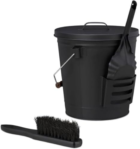 Valo Set di 3 secchi per cenere, con secchio, pala e scopa, secchio per carbone, camino, cenere, 15 litri, nero) VK000508