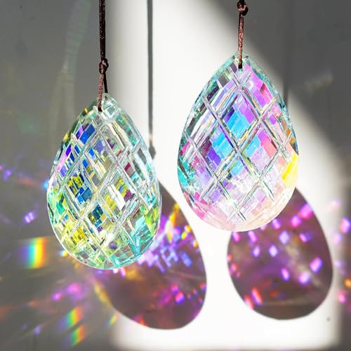 2 Stück 3'' Sonnenfänger Kristall Prismen Kristalle zum Aufhängen Fenster | Regenbogen Sonnenfänger Lichtfänger Kristall Anhänger Deko Kronleuchter Fenster Garten Hochzeit Fotografie Büro Weihnachten