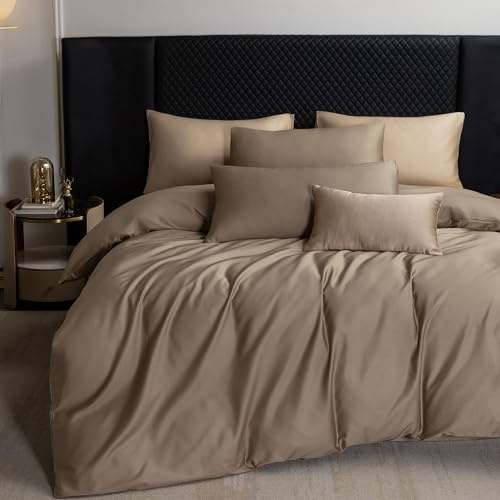 MooMee Duvet Cover Set, 100% Extra Long Staple Cotton 600 Thread Count Sateen Smooth Luxury Breathable Hotel Quality Cooling Bedding for All Season, 3 Pieces (Mocha Brown, Queen 90x90)