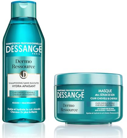DESSANGE - Coffret Dermo Ressource - Shampoing + Masque Hydra-Apaisant - Formule Enrichie Aux Algues & Niacinamide - Apaise & Hydrate - Pour Cuir Chevelu Sensible & Cheveux Déshydratés - 2 x 250 ml