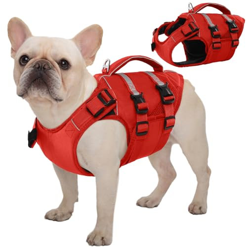 Kuoser Schwimmweste Hund Klein, Rettungswesten für Hunde Schwimmweste mit Griff und Reflektierend, Verstellbar Hundeschwimmweste, Schwimmweste für Kleine Hunde mit Verbesserter Auftrieb, Rot S