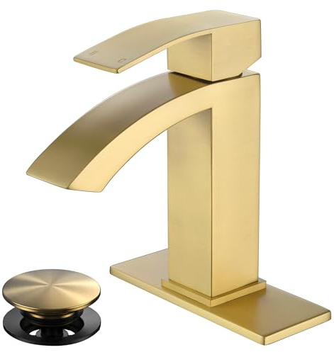 Jodulos Gold Bathroom Faucet, Waterfall Bathroom Sink Faucet with cUPC Supply Hose and Pop Up Drain, Single Handle Single Hole Modern Faucet for Bathroom Vanity