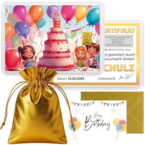 Goldschulz Goldbarren 1g 1 Gramm Motivbox - Geburtstag Kinderparty - Geschenk + Echtheitszertifikat