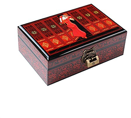 Holzschmuck-Aufbewahrungsbox mit Schloss und Schlüssel, handbemalte Gravur, Organizer-Etui für Frauen und Mädchen, für Ohrringe, Armbänder, Ringe, Uhren (Farbe: D) (C)