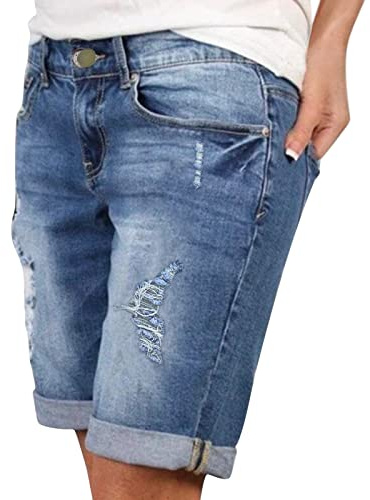 KBOPLEMQ Short en jean pour femme - Taille haute - Short basique stretch avec revers - Bermuda en denim - Short d'été - Longueur genou - Pantalon confortable au look usé - Pantalon large, P bleu., S