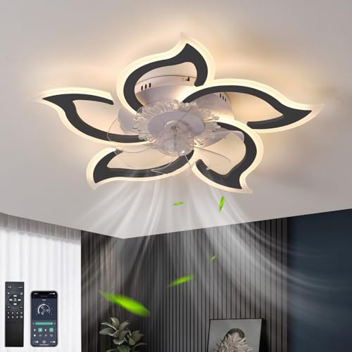 Dfiacn Moderne Ventilateur Plafond Avec Lumière Led Dimmable Fleur Lampe Réversible Silencieux 6 Vitesses Timing, Noir