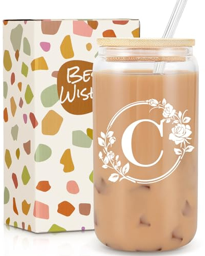 Gifts for Women, Birthday Gifts for Women, Personalised Monogrammed Gift, 16oz Initial Glass Cup with Lids Straws, Personalised Custom Cute Glass Cup for Mom, Teachers, Friends, Initial C