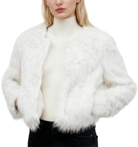 Amazhiyu Womens Faux Fur Coat with Pocket, Plush Winter Open Front Jacket with Pockets White L