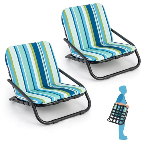 COSTWAY 2 Pack Folding Beach Chairs for Adults, Lightweight Camping Chairs with Cushion, Quick-Drying Cotton and Shoulder Straps, Portable Aluminum Lowback Sling Chair, Support 120kg
