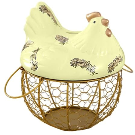 HYKJCSS Huevera Gallina Cesta del Almacenamiento del Huevo del Alambre De Metal, con La Cesta Superior De Cerámica del Almacenamiento De La Fruta, Estante De Las Misceláneas De La Fruta Hueveras(D)