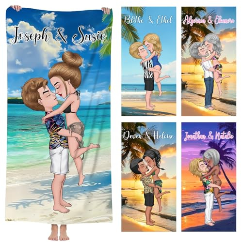 papasgix Personalisiert Strandtuch Microfaser Badetuch mit Namen Damen Herren, Dress-Up Beach Towel Schnelltrocknendes Handtuch Kinder Stranddecke für Reise Fitness(Bunt Paar,90x180cm Mikrofaser)