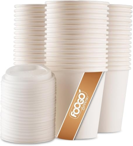 FOOGO Green 100pcs 8oz Single-Wall White Paper Coffee Cups with Lids | FSC® Certified, Takeaway, Paper Cups for Hot Drinks, Parties, Eco-friendly