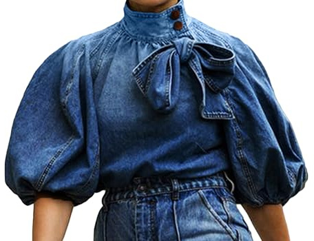 Tbahhir Women's Denim Blouse Blue Bow Tie Jean Shirt Puff Sleeves Mock Neck Top Button Up Pullover Dressy Casual