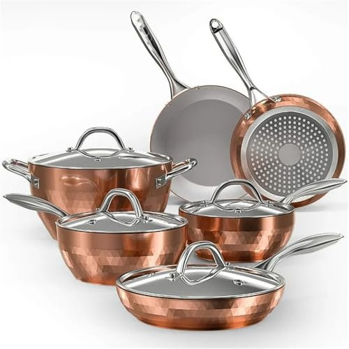 Batterie de cuisine antiadhésive en céramique à induction 10 pièces Ensemble de casseroles et poêles résistantes aux rayures avec couvercles, four lavable au lave-vaisselle, cuivre DD70410 P